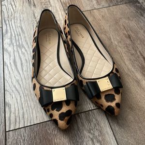 COLE HAAN leopard print calf ballet flats. Man made fur. Blk bow & gold square.